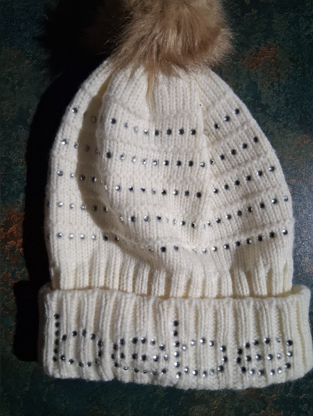 NWOT Bebe Knit Beanie with Faux Fur Pom and Rhinestones